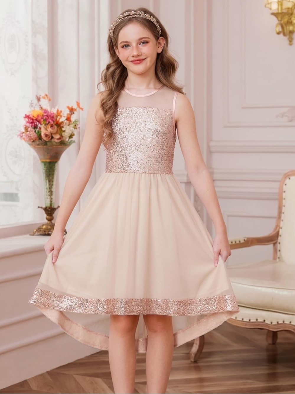 Girls' Rose Gold Sequin Bodice Party Dress